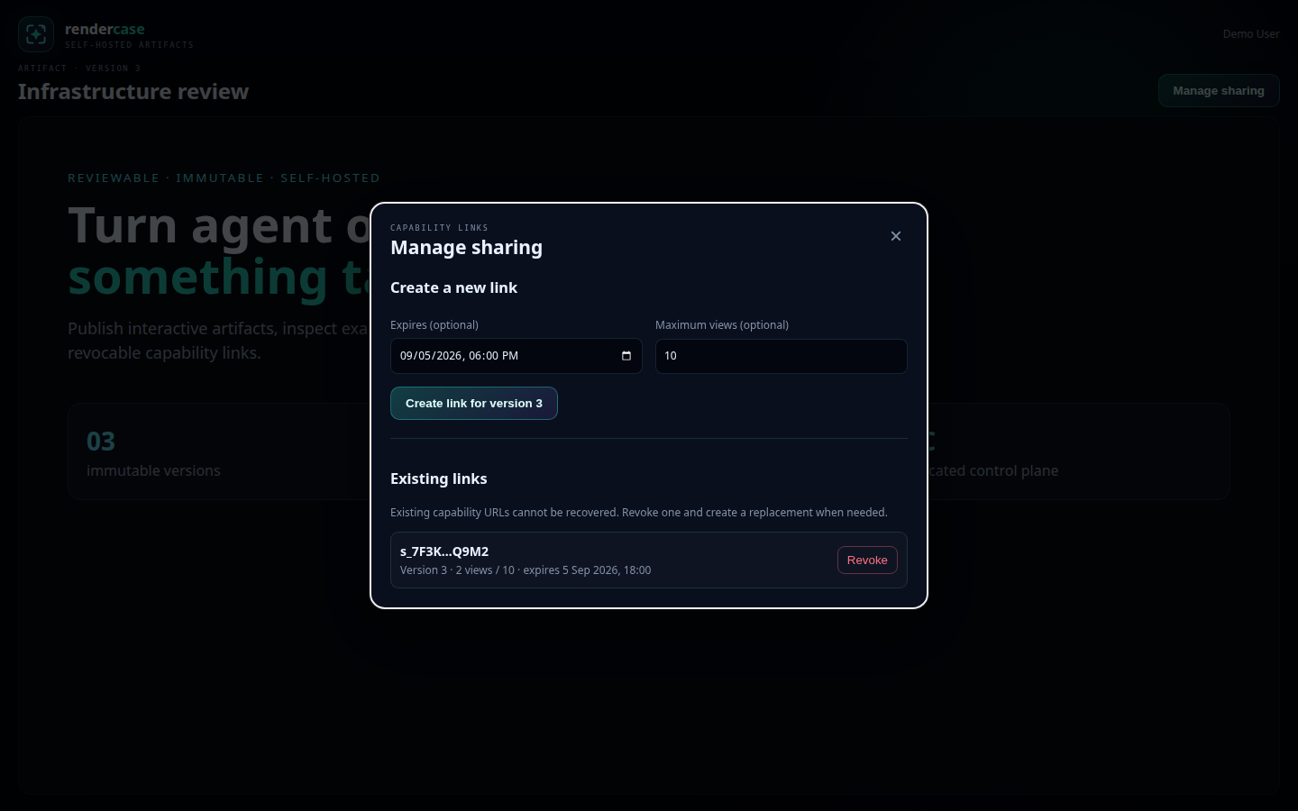 Rendercase sharing dialog with expiration, view limits, and revocation controls